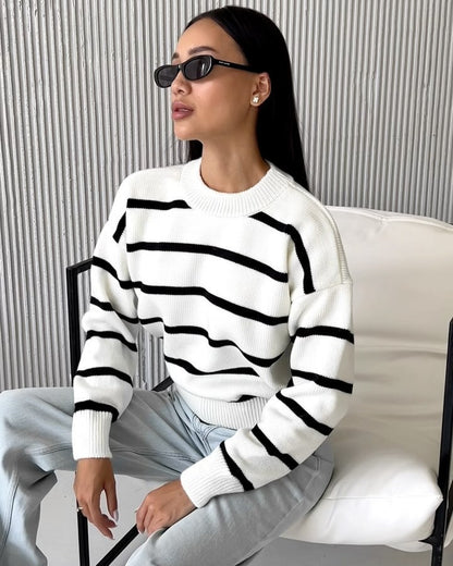 Ava Striped Sweater | Relaxed Fit Wide Round Neck Pullover