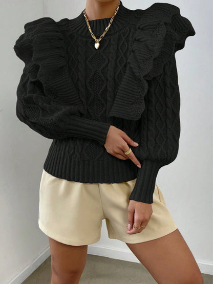 Pull femme – Coupe courte – Manches longues – Épaules à volants