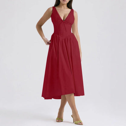 Robe femme sans manches – Décolleté en V – Coupe évasée – Imprimé fleuri – Longueur midi