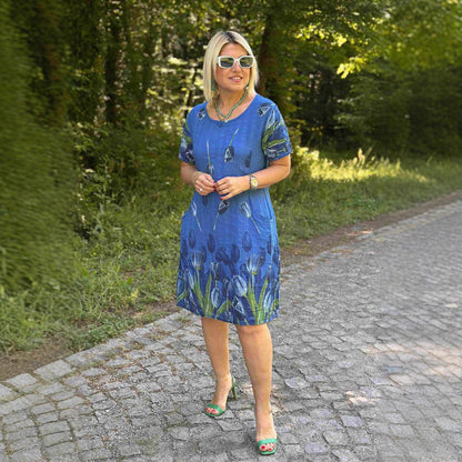 Robe femme évasée – Motif fleuri – Manches courtes – Poches