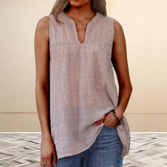 Women's sleeveless tunic – Loose fit – Breathable natural fibres – Striped