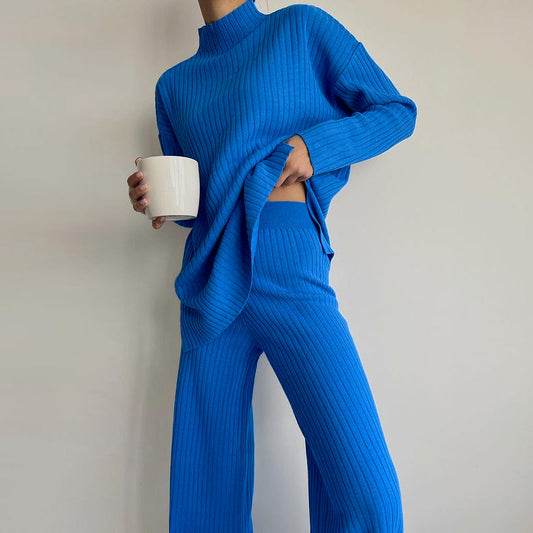 Ensemble Femme – Maille Côtelée – Coupe Ample – Col Montant – Pantalon Large
