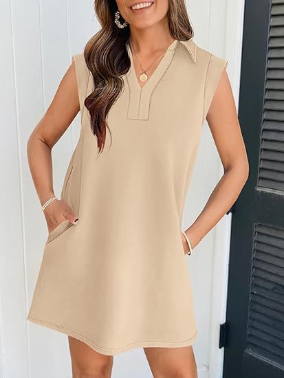 Robe polo femme – Maille douce – Coupe décontractée – Sans manches – Col V avec poches