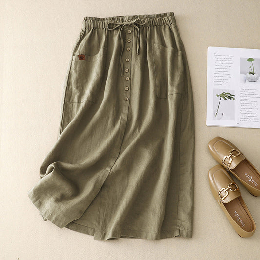 Women's mid-length skirt – Flared cut – Natural fibers – Drawstring waist – Pockets