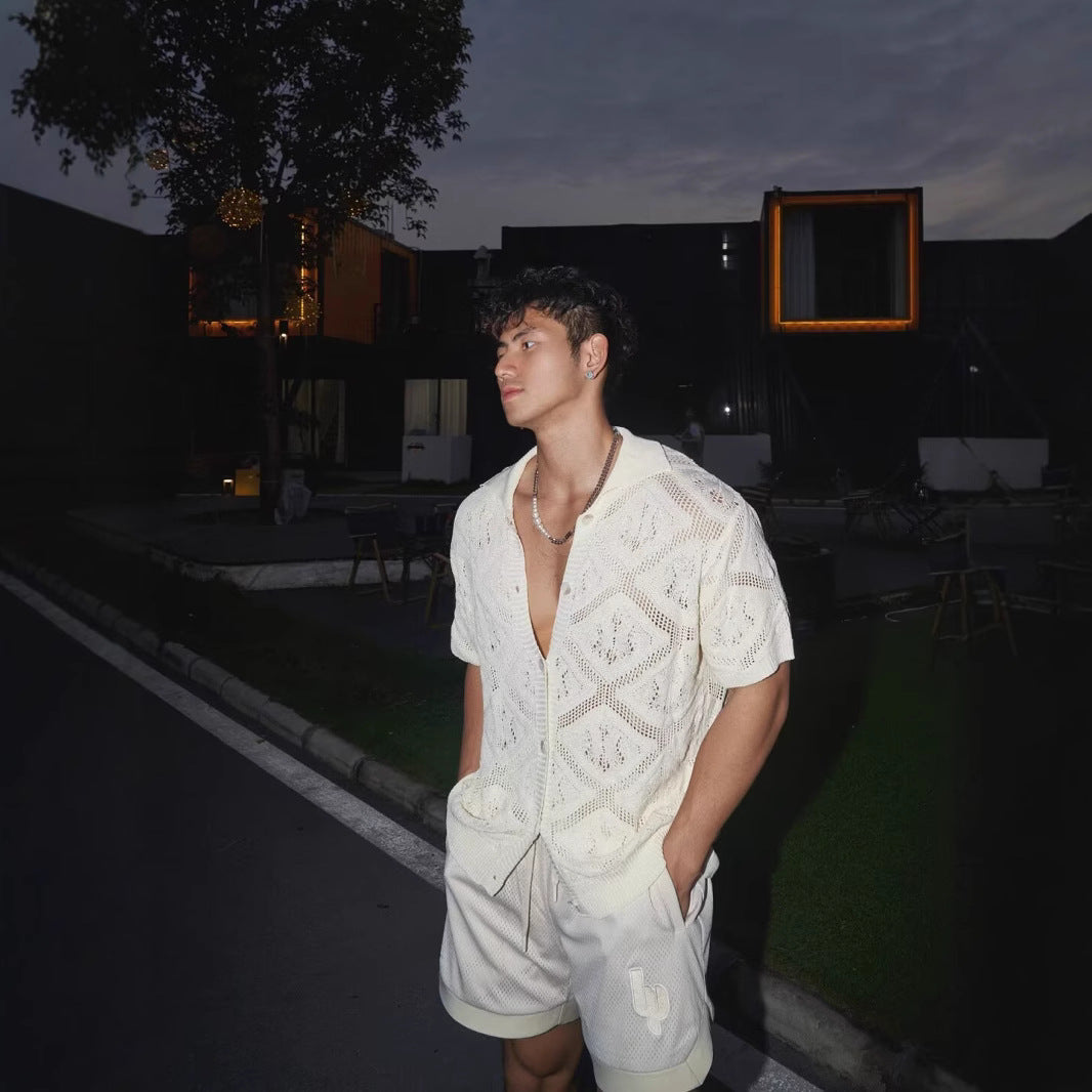 Cardigan for men – Breathable openwork knit – Oversized fit – Short sleeves – V neck
