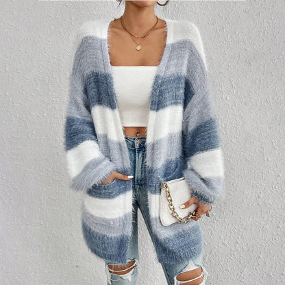 Gilet en maille femme – Coupe oversize – Manches longues – Ouverture frontale rayée