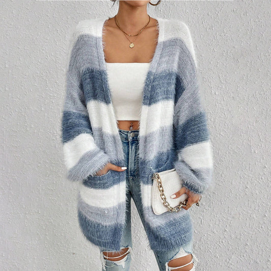 Gilet en maille femme – Coupe oversize – Manches longues – Ouverture frontale rayée