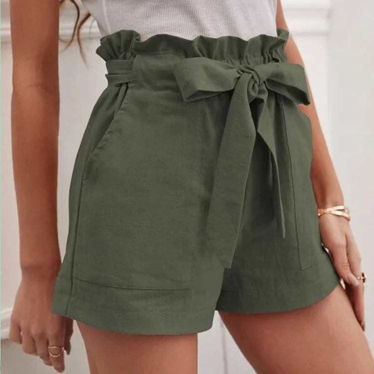 Short for women – Lightweight linen – High waist – Loose fit – Tied belt