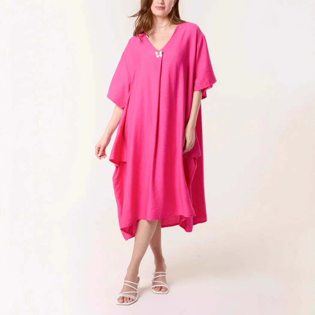 Women's tunic dress – Relaxed fit – V-neck – Midi length – Soft breathable fabric