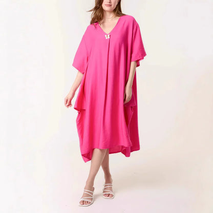 Women's tunic dress – Relaxed fit – V-neck – Midi length – Soft breathable fabric