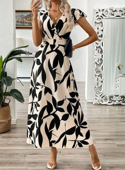 Women's long dress – Wrap cut – Breathable fabric – Elegant floral pattern