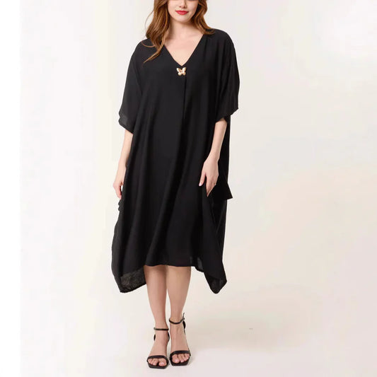 Women's tunic dress – Relaxed fit – V-neck – Midi length – Soft breathable fabric