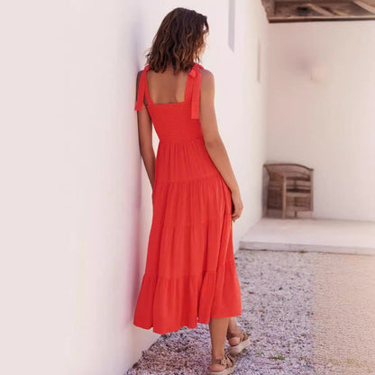 Women's midi dress – Tie straps – Smocked bodice – Flared skirt with ruffles