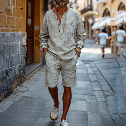 Men's casual set – Breathable fabric – Loose fit – V-neck top long sleeves – Cargo shorts