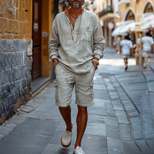Men's casual set – Breathable fabric – Loose fit – V-neck top long sleeves – Cargo shorts