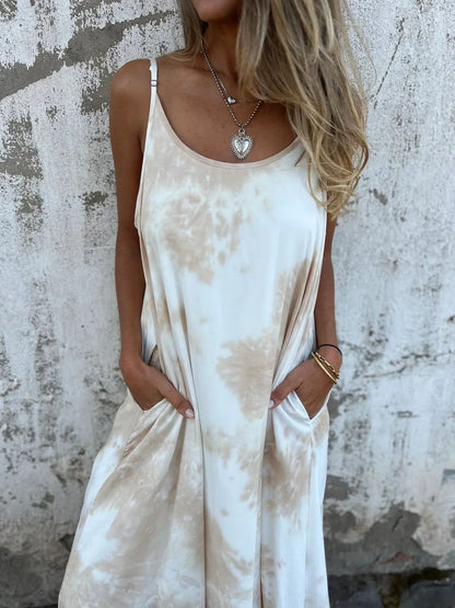 Women's long dress – Loose fit – Natural fibers – Adjustable straps – Pockets