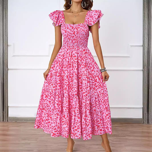 Women's long dress – Ruffled straps – Smocked bustier – Flowing flared cut