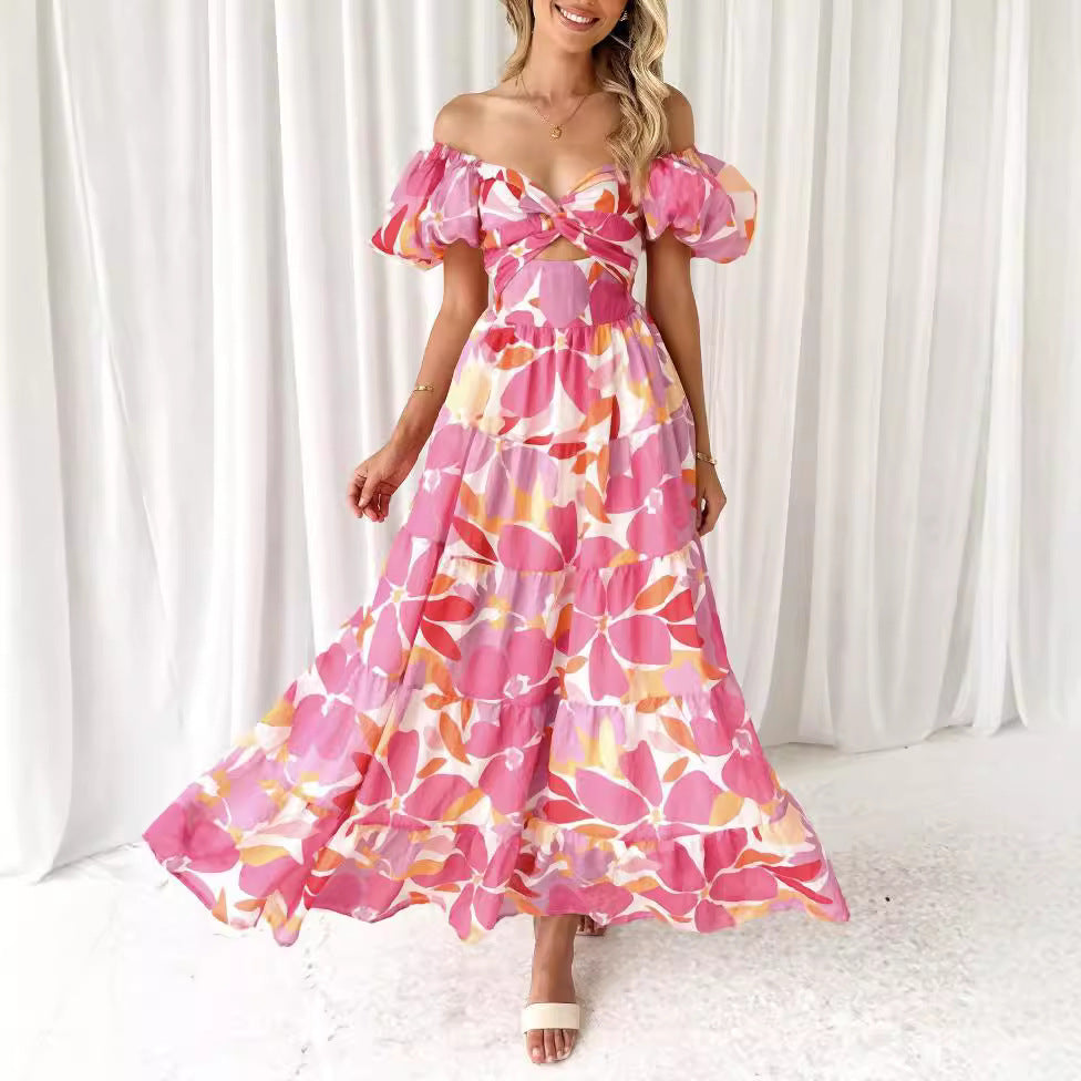 Robe longue femme – Imprimé élégant – Manches bouffantes – Coupe fluide – Tissu respirant