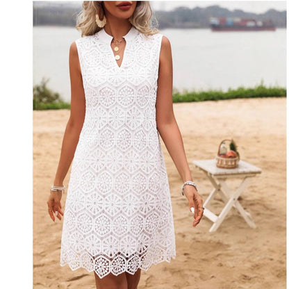 Women's mini dress – Openwork fabric – Geometric pattern – Straight cut – Sleeveless