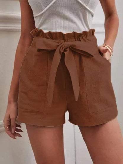 Short for women – Lightweight linen – High waist – Loose fit – Tied belt