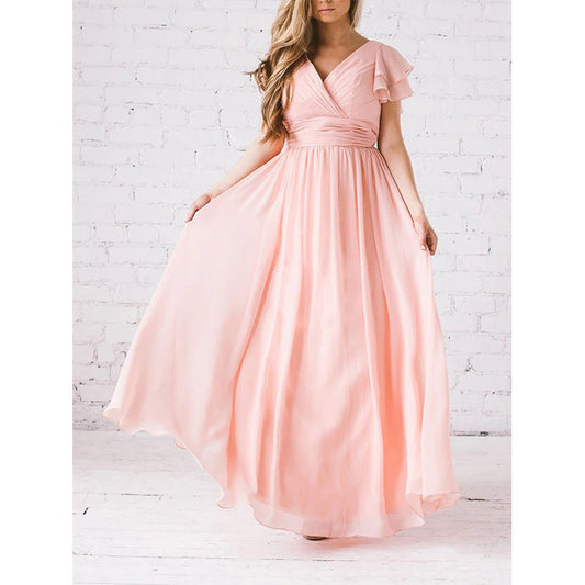 Women's long dress – Light flowing fabric – Butterfly sleeves – V-neck – Fitted waist