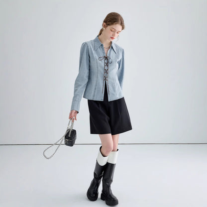 Veste chemise femme – Coupe ajustée – Devant lacé – Manches longues structurées