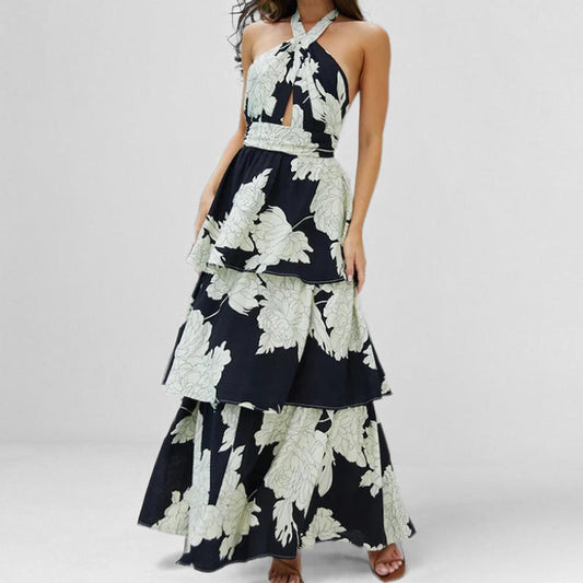 Robe longue femme – Dos nu – Imprimé fleuri – Jupe à volants