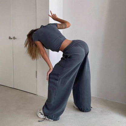 Pantalon de survêtement femme – Coupe large décontractée – Tissu doux respirant – Poches plaquées
