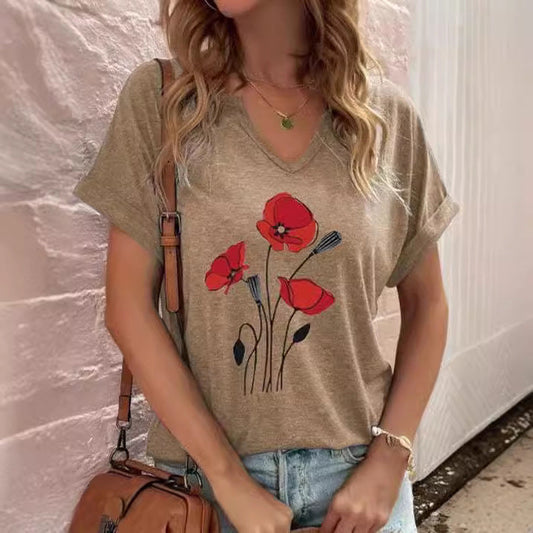 T-shirt femme – Coupe décontractée – Col V – Manches courtes – Imprimé floral coton