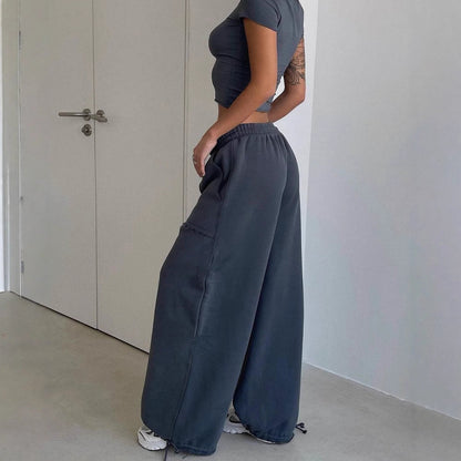 Pantalon de survêtement femme – Coupe large décontractée – Tissu doux respirant – Poches plaquées