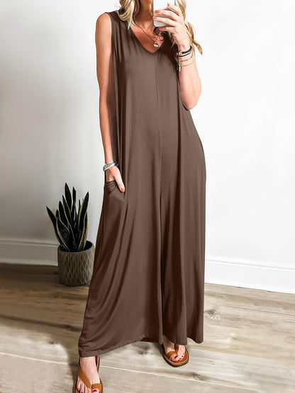 Women's long dress – Flowing fit – Sleeveless – V-neck – Side pockets