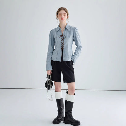 Veste chemise femme – Coupe ajustée – Devant lacé – Manches longues structurées