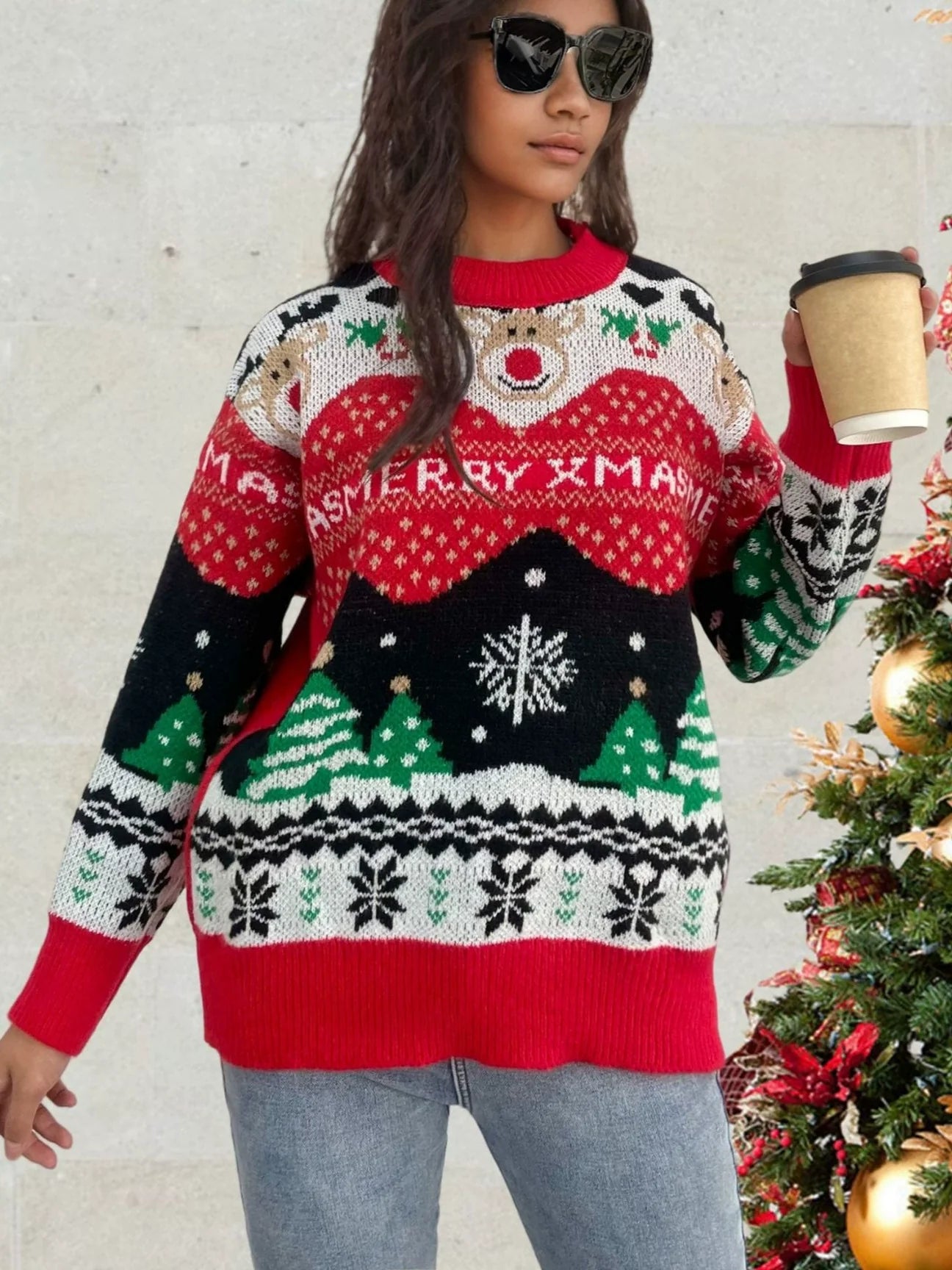 Women's sweater – Wool knit – Loose fit – Festive patterns – Long sleeves