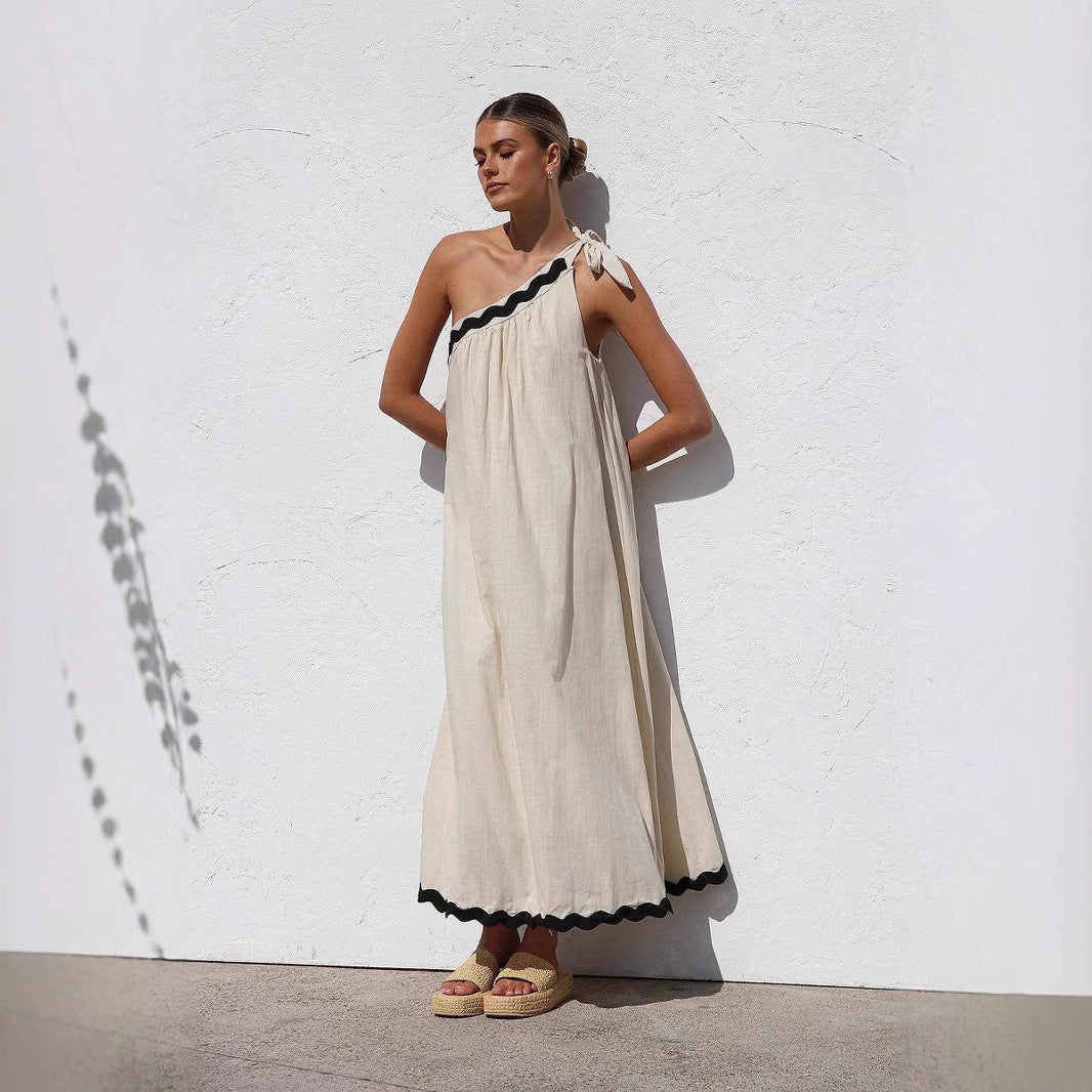 Robe longue femme – Une épaule – Coupe fluide – Ourlet festonné – Tissu respirant
