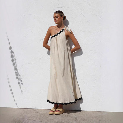 Robe longue femme – Une épaule – Coupe fluide – Ourlet festonné – Tissu respirant