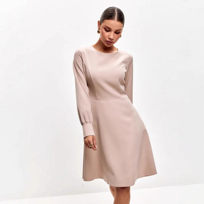 Robe midi femme – Coupe ajustée – Manches longues – Nœud taille – Tissu fluide