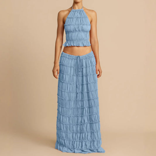Women's Two-Piece Set – Ruched Halter Top – Long Skirt Elastic Waist – Breathable Fabric