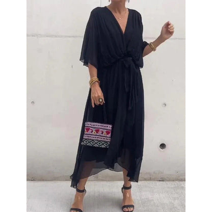 Women's long dress – Fluid fabric – Batwing sleeves – Tied belt – Asymmetrical hem