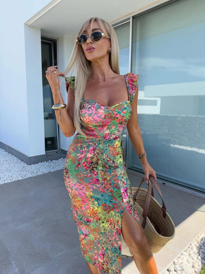 Women's midi dress – Fitted cut – Ruffled straps – Floral print – Side slit – Breathable fabric