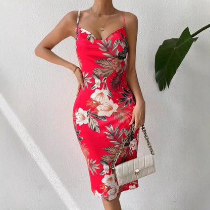 Robe midi femme – Coupe ajustée – Tissu satiné – Bretelles fines – Imprimé floral