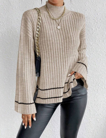 Pull femme en maille – Coupe oversize – Col montant – Manches longues – Rayures contrastées
