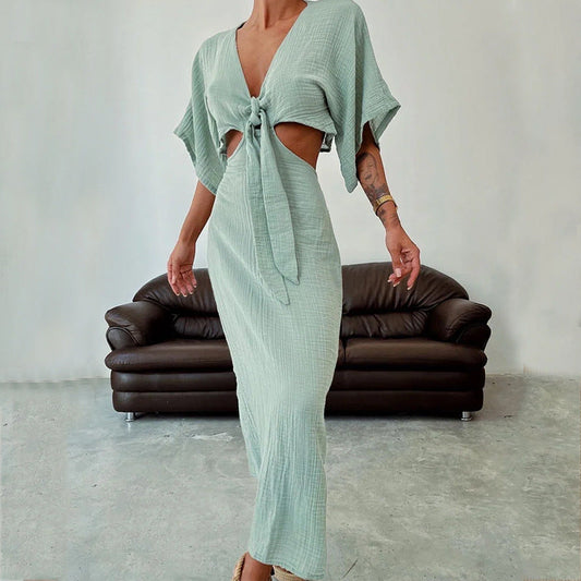 Women's long dress – Fitted cut – Open back – V-neck – Knotted detail – Breathable fabric