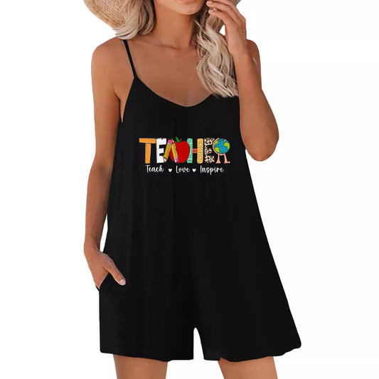 Combinaison décontractée femme – Coupe ample – Bretelles fines – Col en V – Imprimé graphique éducatif – Poches latérales