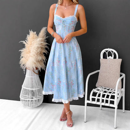 Women's midi dress – Flared cut – Thin straps – Floral print – Lace trim