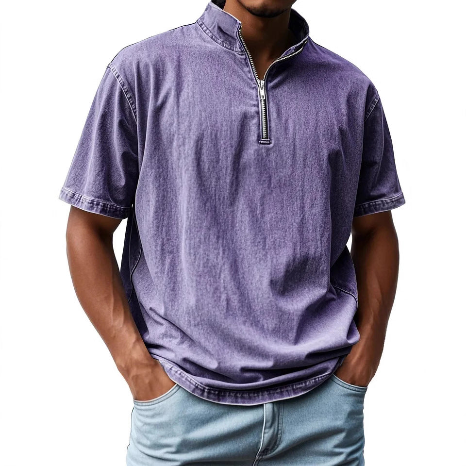 Men's short-sleeve shirt – Slim fit – Stand-up collar – Zip closure – Breathable fabric