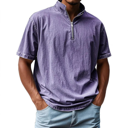Men's short-sleeve shirt – Slim fit – Stand-up collar – Zip closure – Breathable fabric