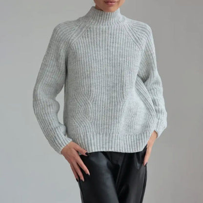 Pull femme – Maille douce – Coupe droite ample – Col montant – Manches raglan côtelées