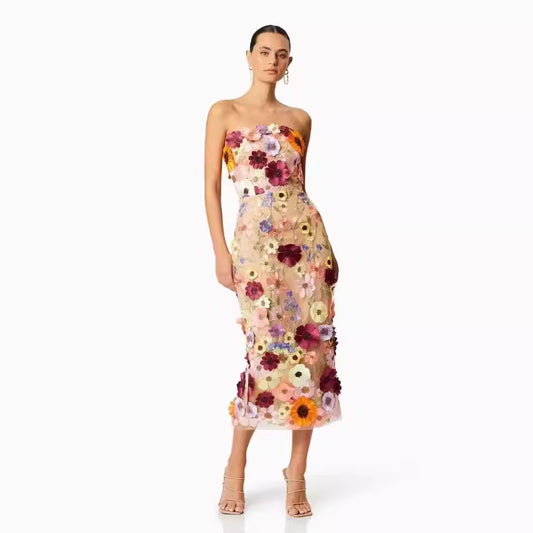 Women's Bustier Dress – Slim Fit – Lightweight Tulle – 3D Floral Appliqués – Midi Length