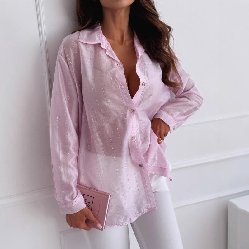 Chemise femme – Coupe oversize – Tissu respirant – Détails strass – Style décontracté