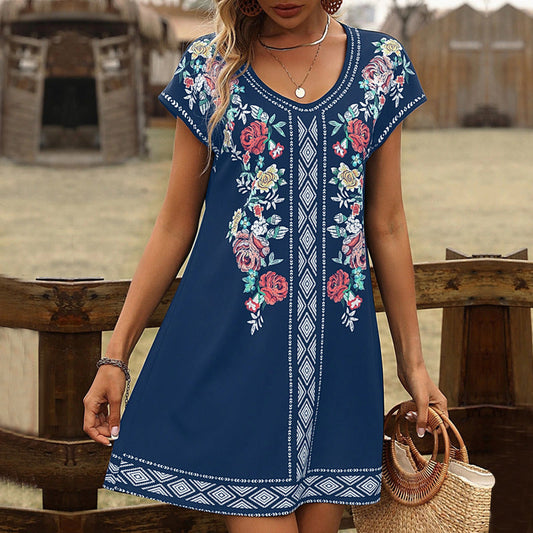 Robe tunique femme – Coupe ample – Broderie florale et géométrique – Manches courtes
